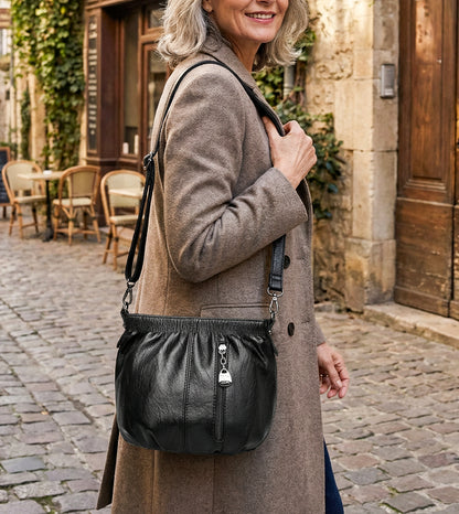 Casual Pleated Bucket Soft Leather Handbag Shoulder Bag