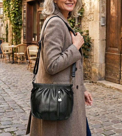 Casual Pleated Bucket Soft Leather Handbag Shoulder Bag